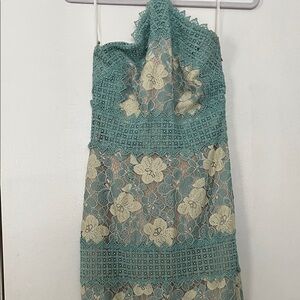 Foxiedox Halter Neck Lace Dress in Teal and Cream